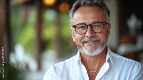 A man with glasses is smiling and wearing a white shirt