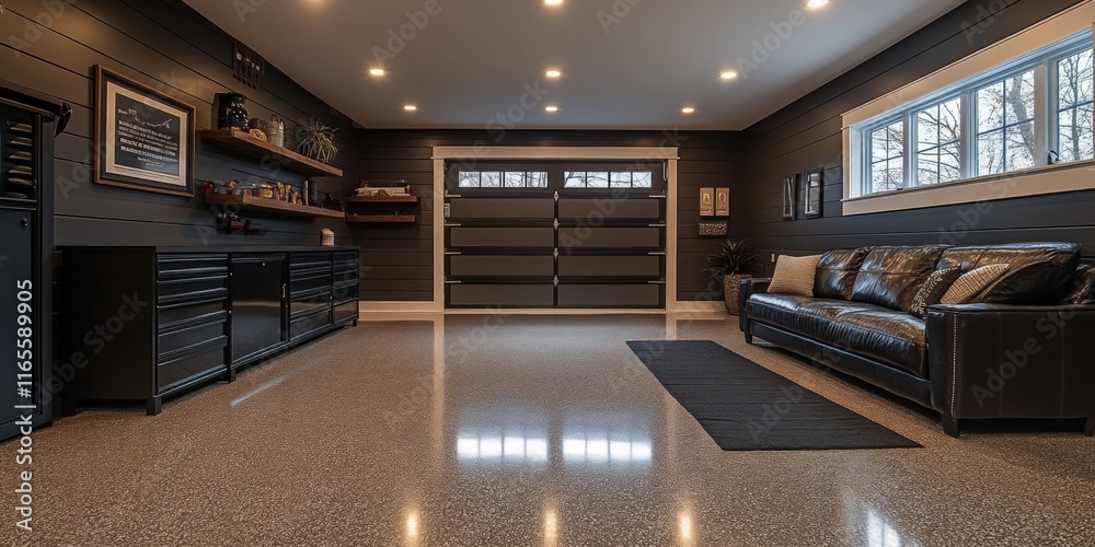 Minimalist garage design featuring floating shelves and neutral colors modern space residential area interior design high fidelity aesthetic Minimalist garage design featuring floating shelves and neutral colors modern space residential area interior design high fidelity aesthetic