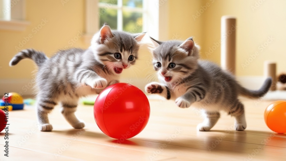 Naklejka premium two kittens playing red balls in the room