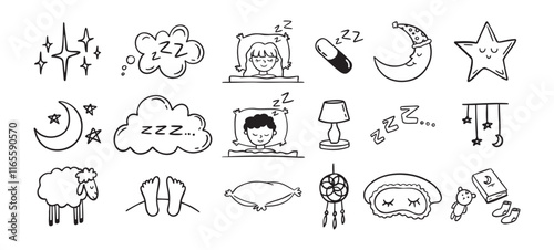 Hand drawn doodle Set of Sleep Related. Sleeping drawing icons