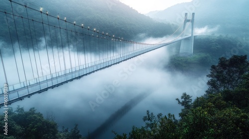 A modern suspension bridge stretching across a misty river, representing connection, collaboration, and the bridging of gaps to achieve a common mission. photo