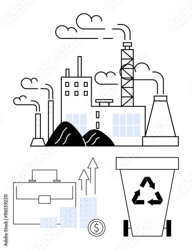 Factory with smoke stacks emitting pollution. Recycling bin, briefcase, graph, coin representing business growth and sustainability. Ideal for environment, industry, pollution, recycling business