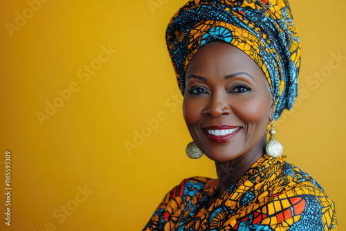 A portrait of a smiling African woman wearing a vibrant patterned head wrap and matching dress against a yellow background. photo