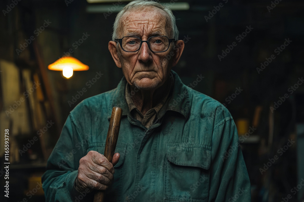 An elderly man, weathered and wise, stands in his workshop, holding a tool, embodying years of craftsmanship and experience. An elderly man, weathered and wise, stands in his workshop, holding a tool, embodying years of craftsmanship and experience.