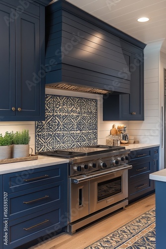 Bold geo backsplash and navy cabinets redefine modern kitchen design in a chic home highlighting contemporary aesthetics and functional layout photo