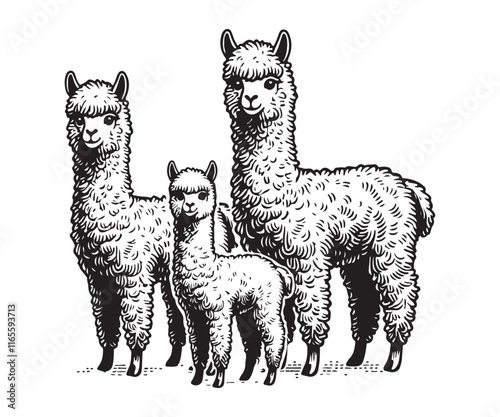 A black and white illustration of a baby alpaca  The baby alpaca,