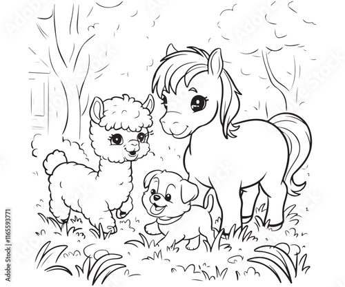 A charming black-and-white illustration of a baby alpaca playing happily with a small, adorable pony and a playful puppy.