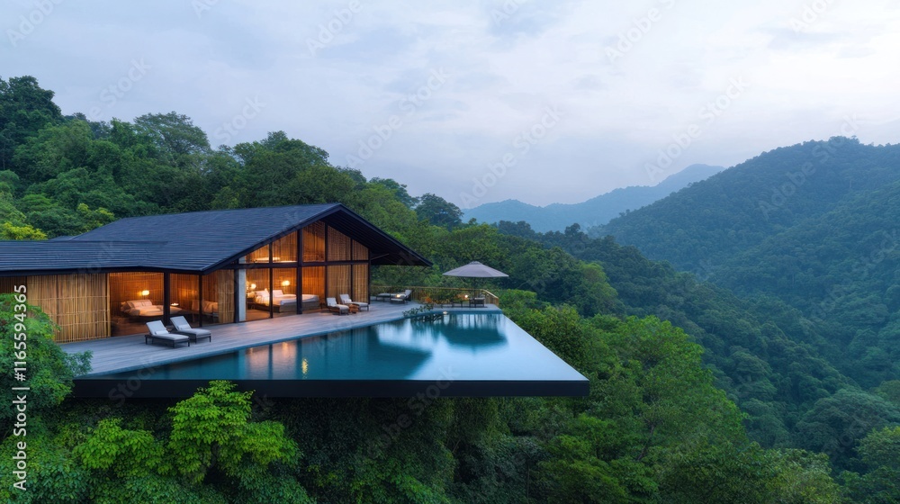 Naklejka premium Modern house with infinity pool nestled in lush mountains.