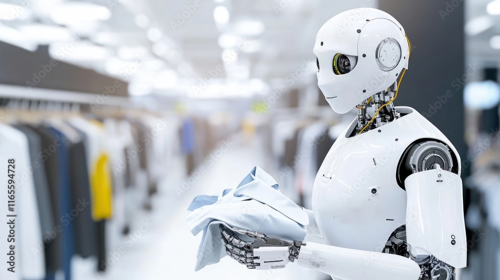 Fototapeta premium A robot holding clothing in a modern retail store.