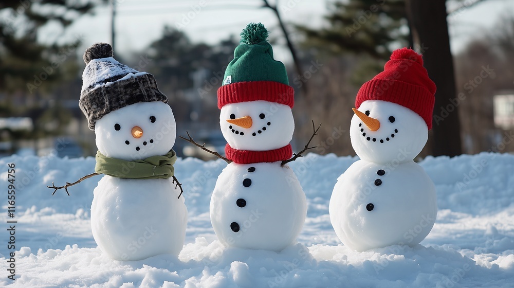 Three classic snowmen with colorful hats and scarves, enjoying a bright winter day in the snow. Three classic snowmen with colorful hats and scarves, enjoying a bright winter day in the snow.