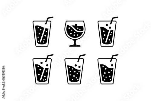 minimalist black and white beverage icon set featuring various drink glasses, perfect for menus, logos, and designs related to drinks, cafes, and restaurants photo