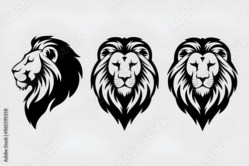 bold black lion head illustrations in symmetrical style, symbolizing strength, leadership, courage, and pride, perfect for logos, designs, and tattoos photo