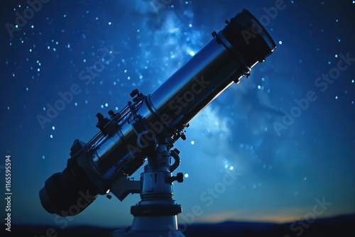 A powerful telescope is pointed towards the night sky, filled with sparkling stars. photo