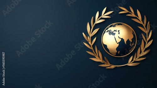 A golden globe emblem encircled by laurel leaves, symbolizing peace, unity, and global collaboration against a dark background.