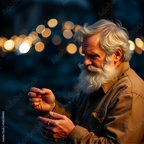 White puzzlement man with beard working in evening photo