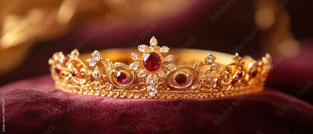 Obraz premium A luxurious golden crown adorned with gemstones, featuring intricate detailing and a regal design, resting elegantly on a plush surface.