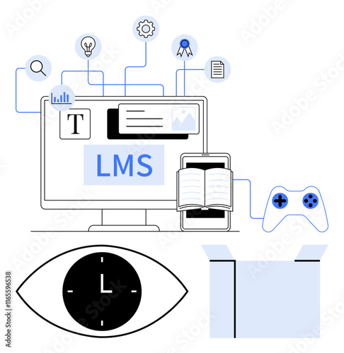 Computer with LMS interface, book, gaming controller, clock in eye, connected icons of data and ideas. Ideal for e-learning, training, progress, multimedia growth time management abstract line