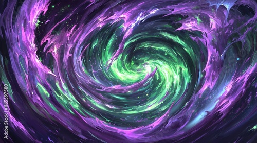Abstract swirling cosmic nebula painted in purple and green hues