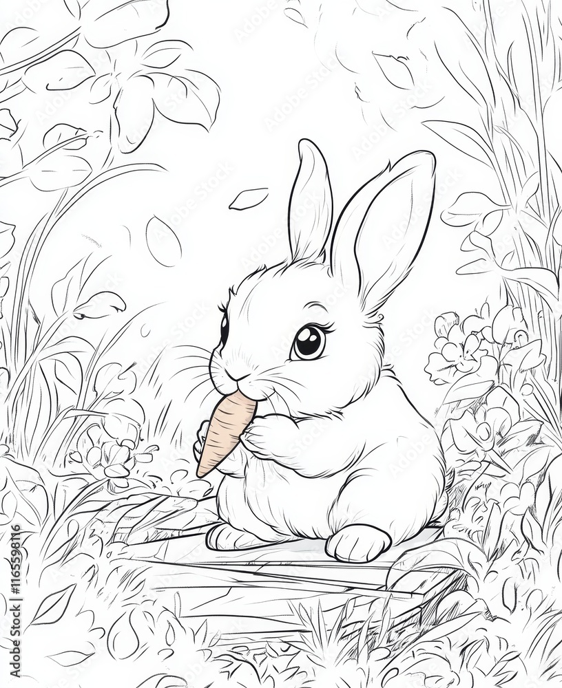 Adorable Bunny Rabbit Eating Carrot in Garden Setting Adorable Bunny Rabbit Eating Carrot in Garden Setting