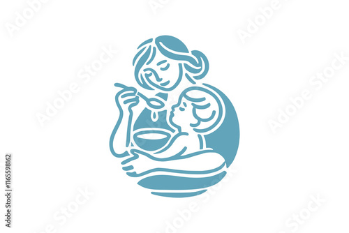 A mother feeds her baby with a spoon. Emblem, logo, icon, print. Isolated on white background