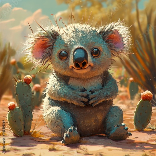 Adorable Koala Bear in Desert Cactus Habitat photo