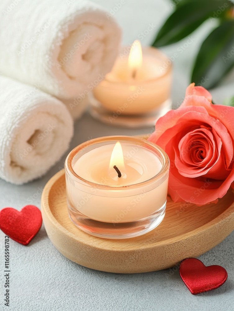 Relaxing Spa Setup with Candles, Towels, and Rose Flower Decoration Relaxing Spa Setup with Candles, Towels, and Rose Flower Decoration