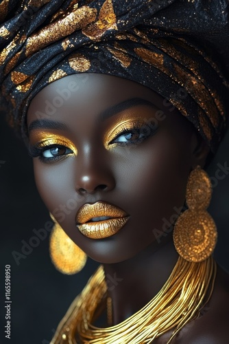 Gold-accented portrait of a woman, featuring bold lips, jewelry, and makeup