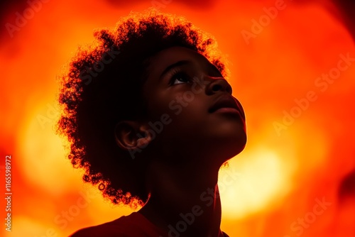 A young black boy with a short haircut is looking up at a bright orange sky