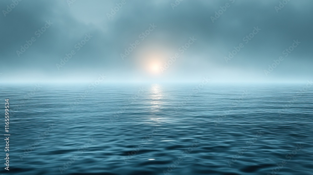 Obraz premium Misty sunrise over calm ocean.