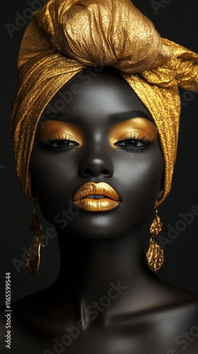Portrait of woman with gold lips, makeup, and jewelry, in a striking black-and-gold canvas art print