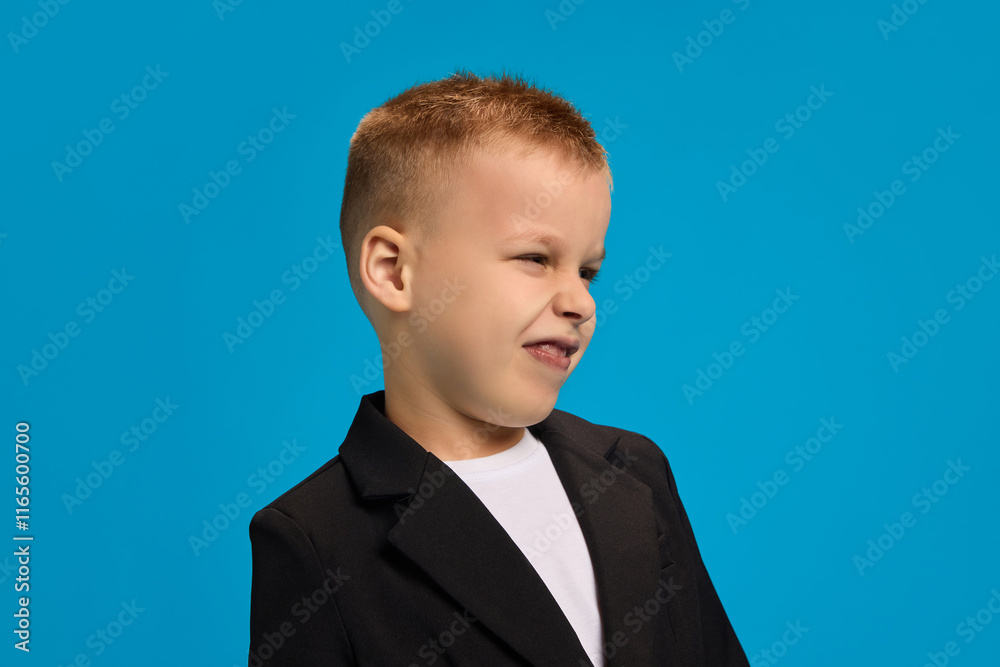 Boy in black blazer and white shirt, tilting head with a smirking expression, radiating curiosity and subtle amusement against bright blue background. Concept of childhood, beauty, fashion, style. Ad Boy in black blazer and white shirt, tilting head with a smirking expression, radiating curiosity and subtle amusement against bright blue background. Concept of childhood, beauty, fashion, style. Ad