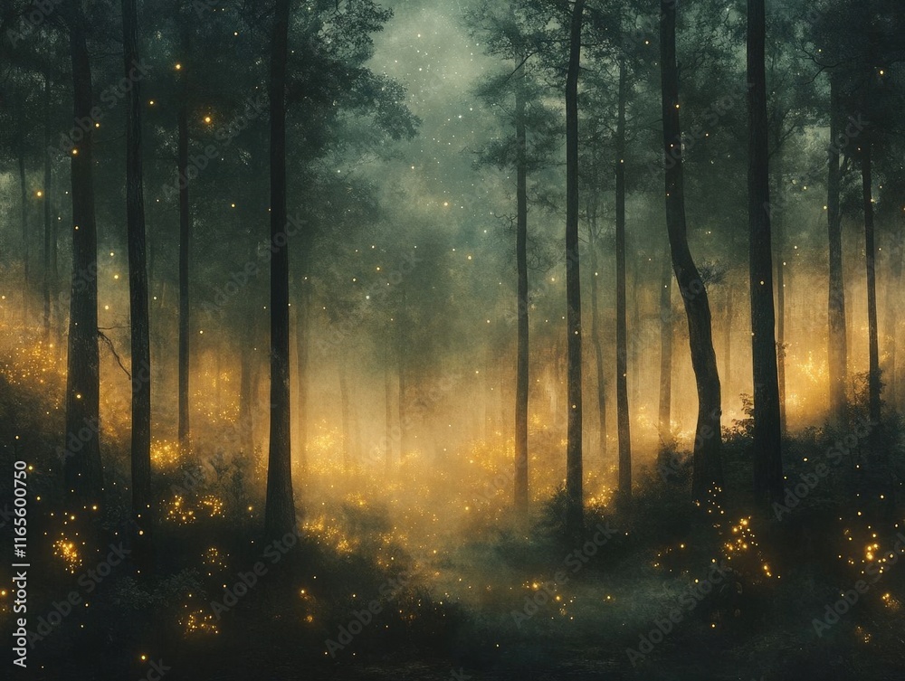 Magical forest path at night, glowing fireflies. Magical forest path at night, glowing fireflies.