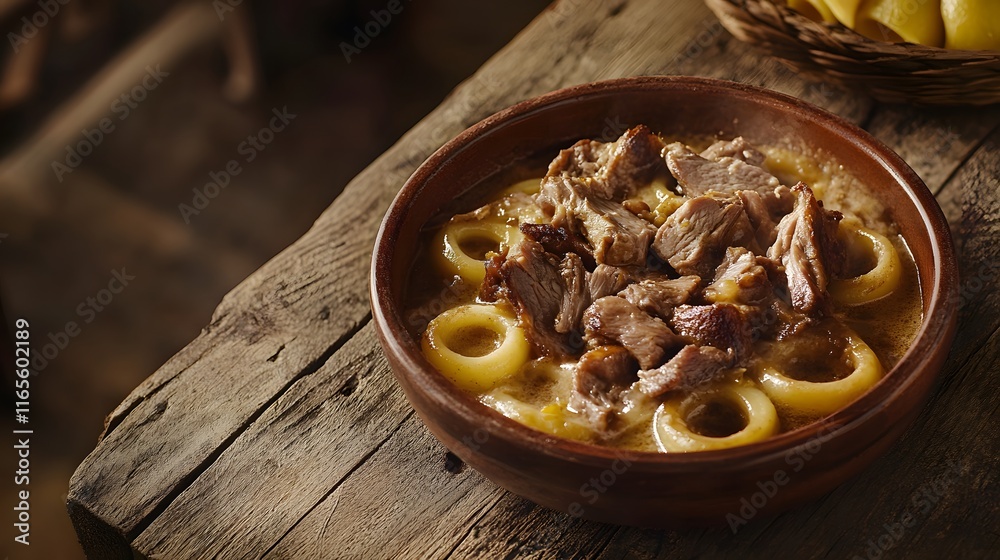 Savory Stew with Meat and Potato Rings in Bowl Savory Stew with Meat and Potato Rings in Bowl