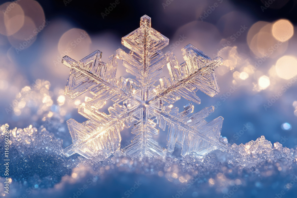 A stunning, intricate snowflake rests on a bed of sparkling snow, illuminated by soft bokeh lights. A stunning, intricate snowflake rests on a bed of sparkling snow, illuminated by soft bokeh lights.
