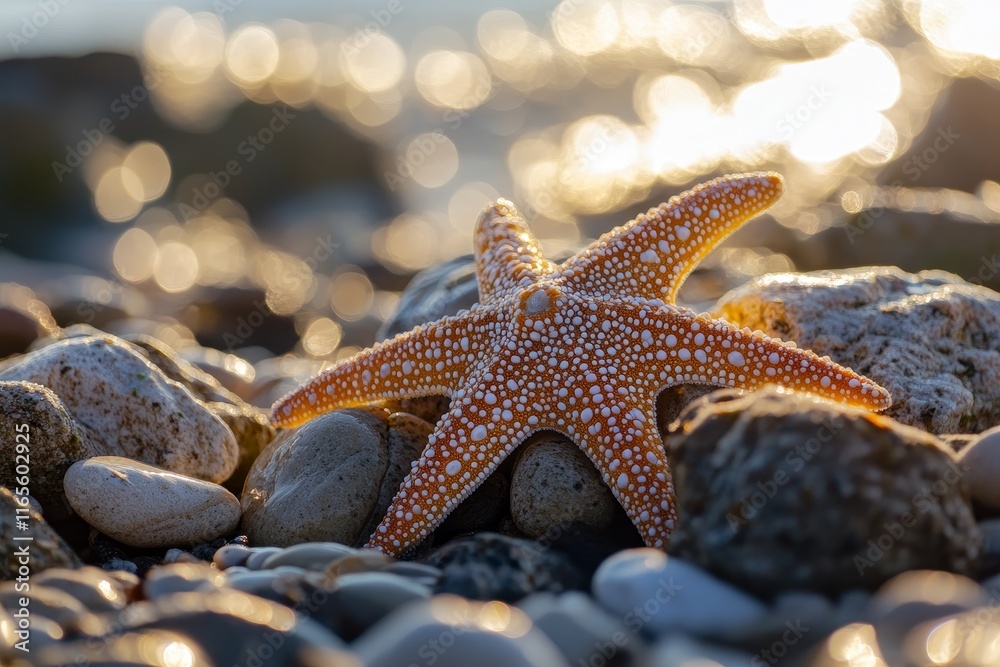 Orange starfish with white spots on pebbles, ocean bokeh effect in background Orange starfish with white spots on pebbles, ocean bokeh effect in background