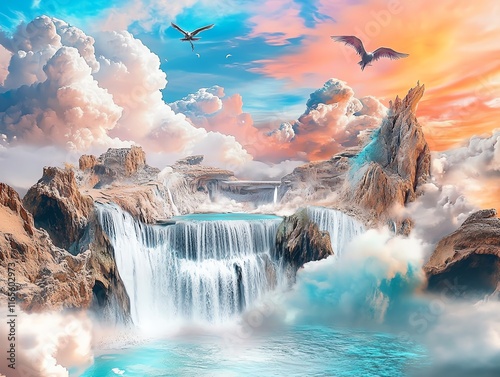 Surreal landscape painting of a waterfall cascading into a vibrant ocean, with majestic birds soaring against a dreamy sunset sky.  Ideal for fantasy, nature, or escapism themes. photo