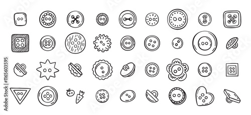 Sewing buttons line hand drawn doodle art icons set. Sewing accessories clothes various outline shapes. 