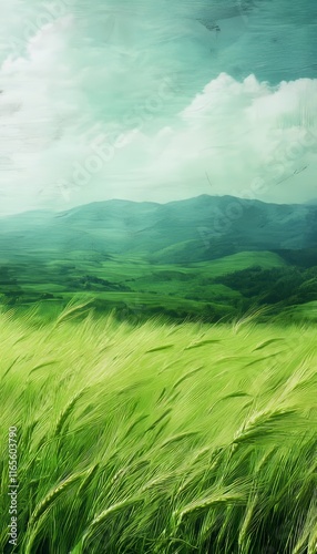 Green Fields of Hope, Fresh Agricultural Background with Rolling Hills and Cloudy Sky