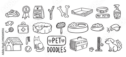 Pet Cat and Dog doodle hand drawn set elements. Pet stuff drawing isolated icons