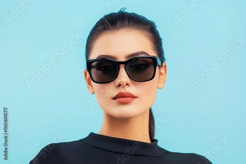 Striking Fashionable Woman Wearing Sunglasses Displaying Confident Mysterious Attitude in Studio Portrait photo