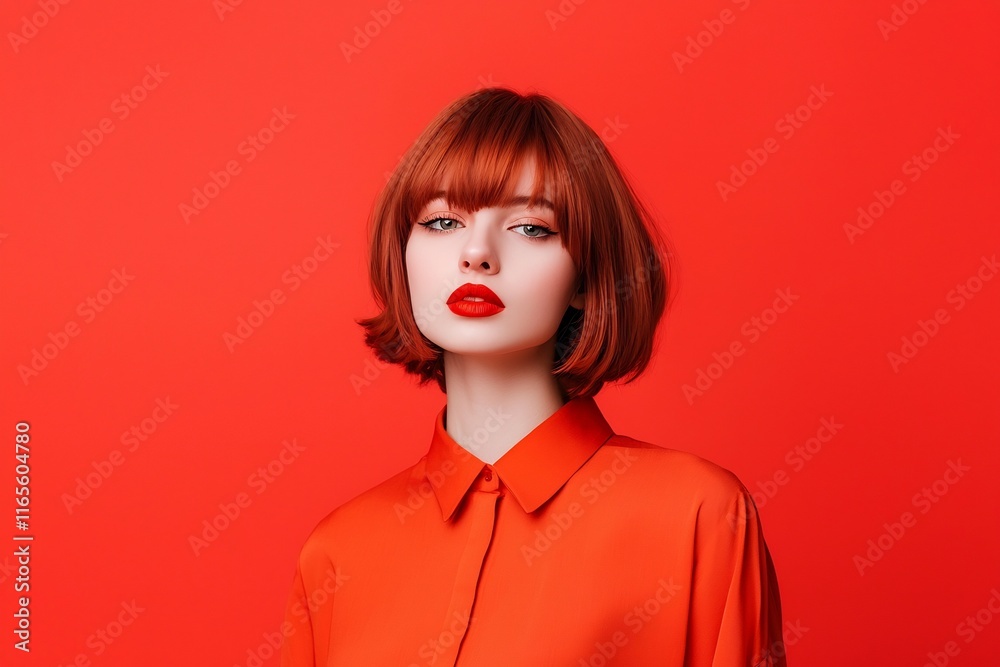 Confident Redhead Woman with Bold Makeup in Orange Studio Portrait