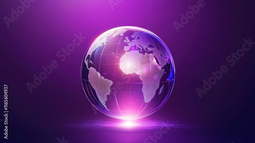 A modern clipart of a glass globe with simplified continents, glowing softly against a deep purple background. A symbol of global connection.