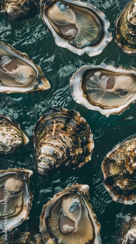 Fresh oysters on ice with lemon and herbs, perfect for seafood restaurant ads and food blogs. photo