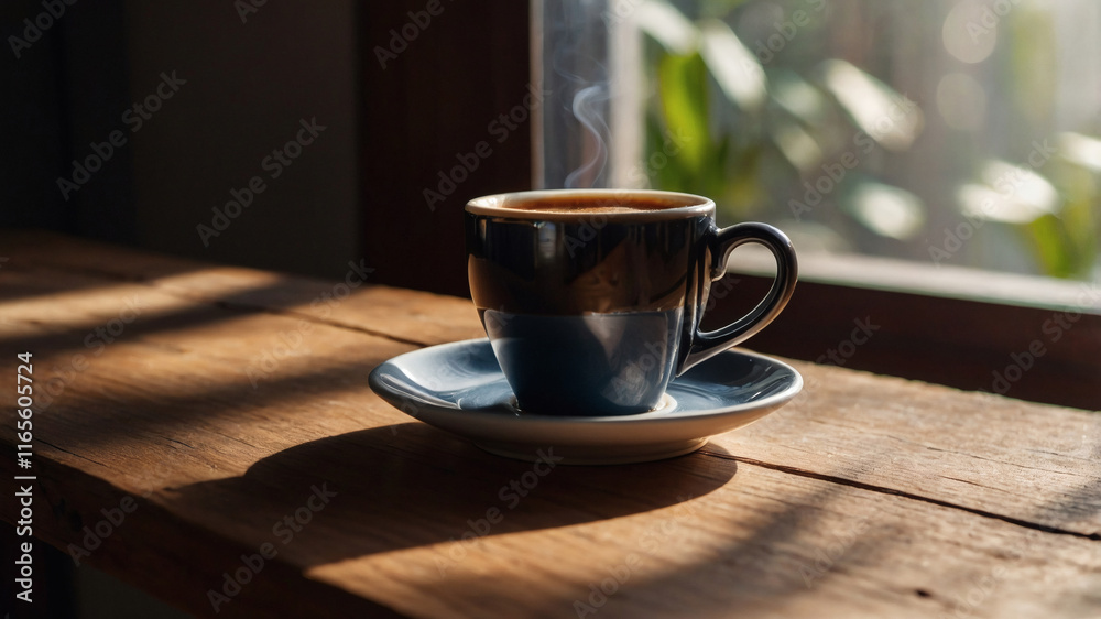 Obraz premium A cup of coffee on wood by a sunlit window is perfect for cozy café promotions, coffee blogs, or social media posts.