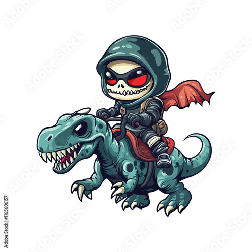 Cute mascot skull riding dinosaur vector design