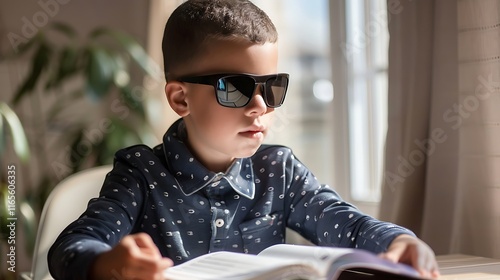 boy with down syndrome with big glasses reading intesting book photo