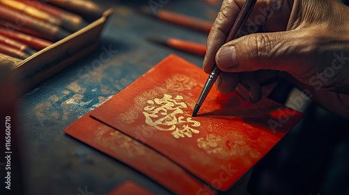 An artist delicately painting auspicious symbols on custom-made red envelopes with a fine brush.