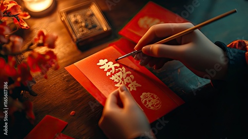 An artist delicately painting auspicious symbols on custom-made red envelopes with a fine brush.