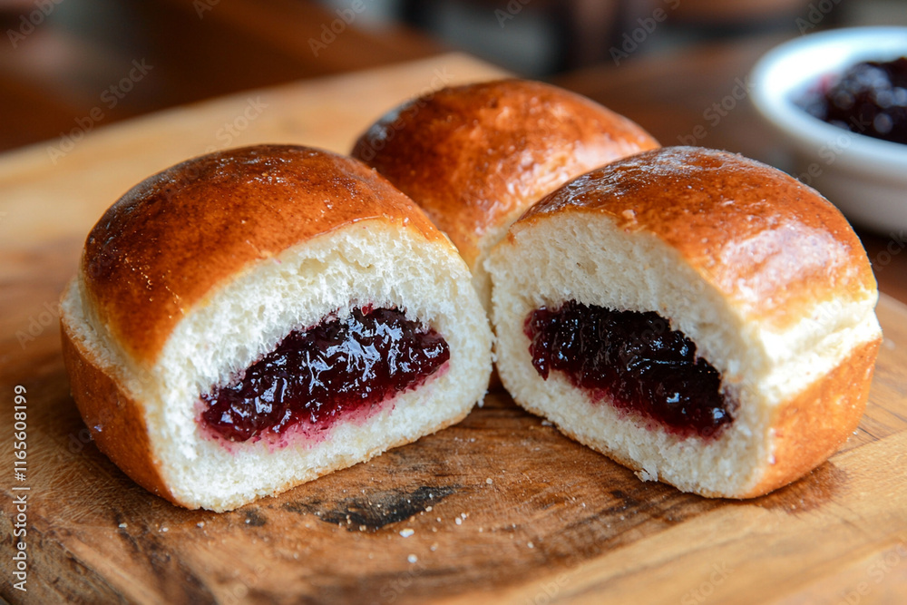 Brightly filled bun with jam on a wooden board Brightly filled bun with jam on a wooden board