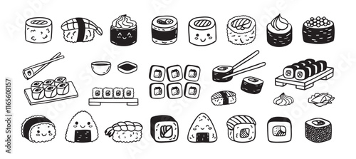 Sushi funny doodle set. Japanese hand drawn Food Sketch Icons. Kawaii drawing